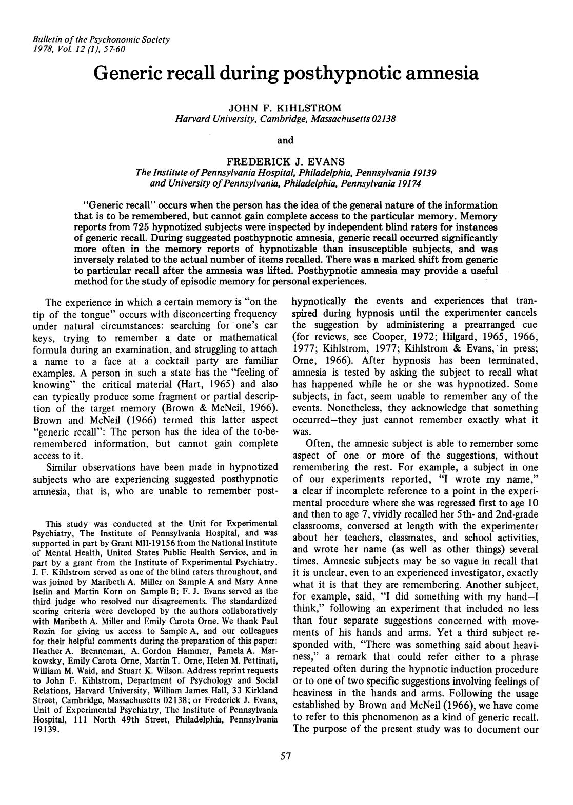 Generic recall during posthypnotic amnesia by Unknown