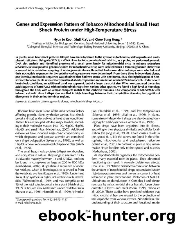 Genes and expression pattern of tobacco mitochondrial small heat shock protein under high-temperature stress by Unknown