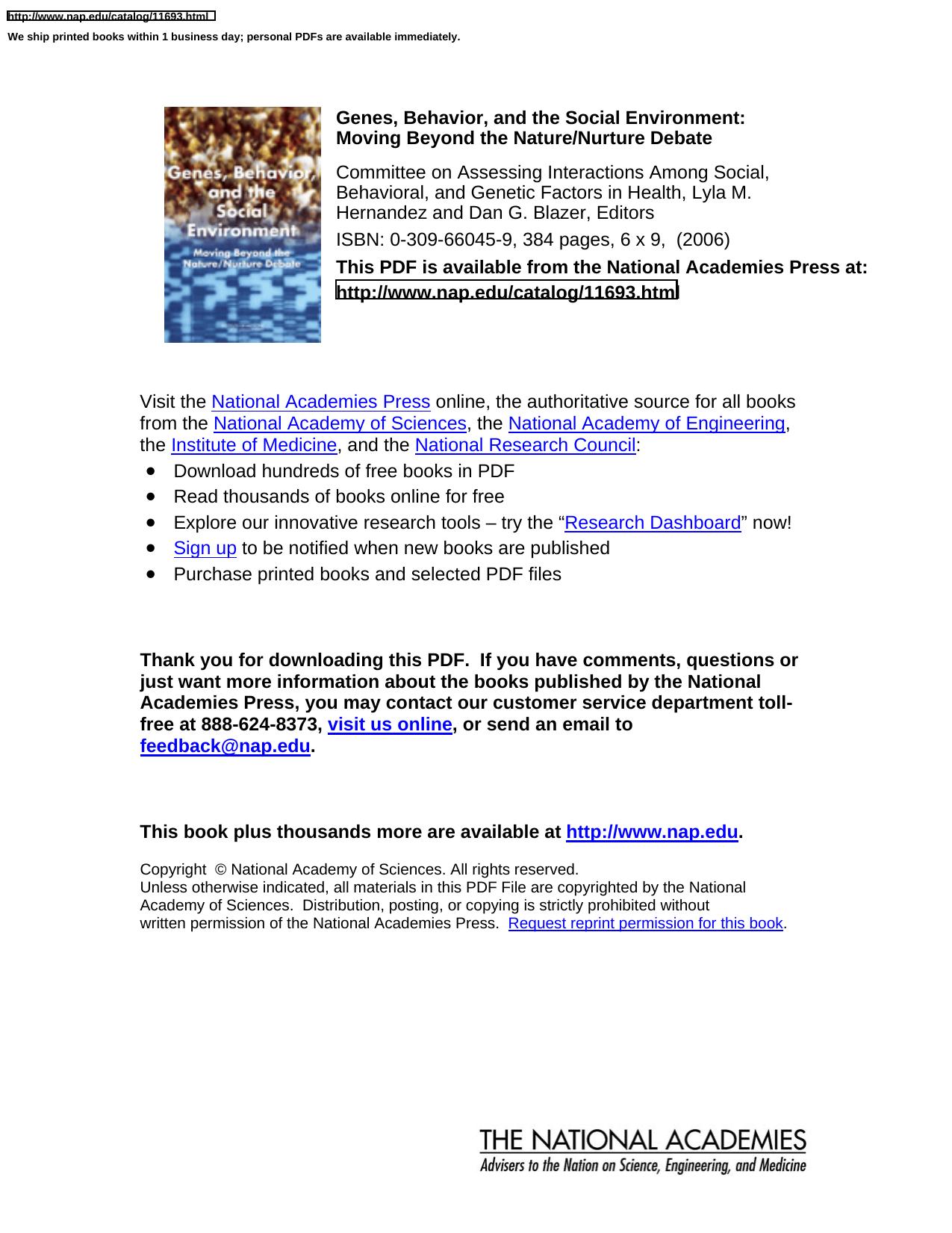 Genes, Behavior, and the Social Environment: Moving Beyond the Nature/Nurture Debate by unknow