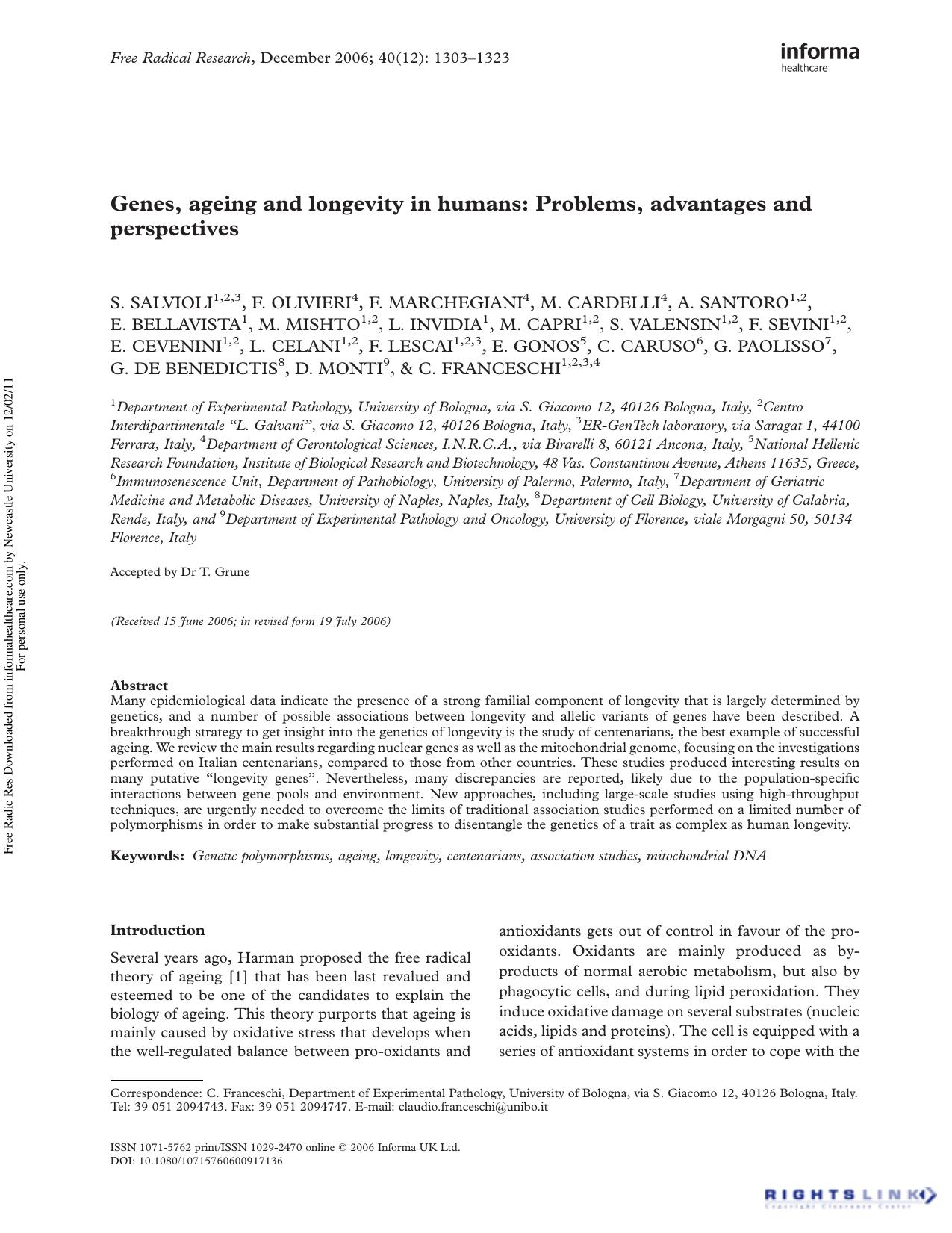 Genes, ageing and longevity in humans: Problems, advantages and perspectives by unknow