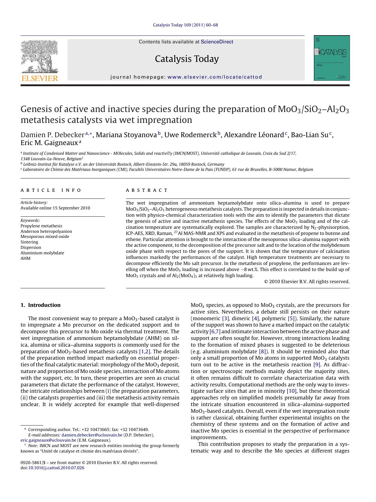 Genesis of active and inactive species during the preparation of MoO3SiO2Ã¢â¬âAl2O3 metathesis catalysts via wet impregnation by Damien P. Debecker