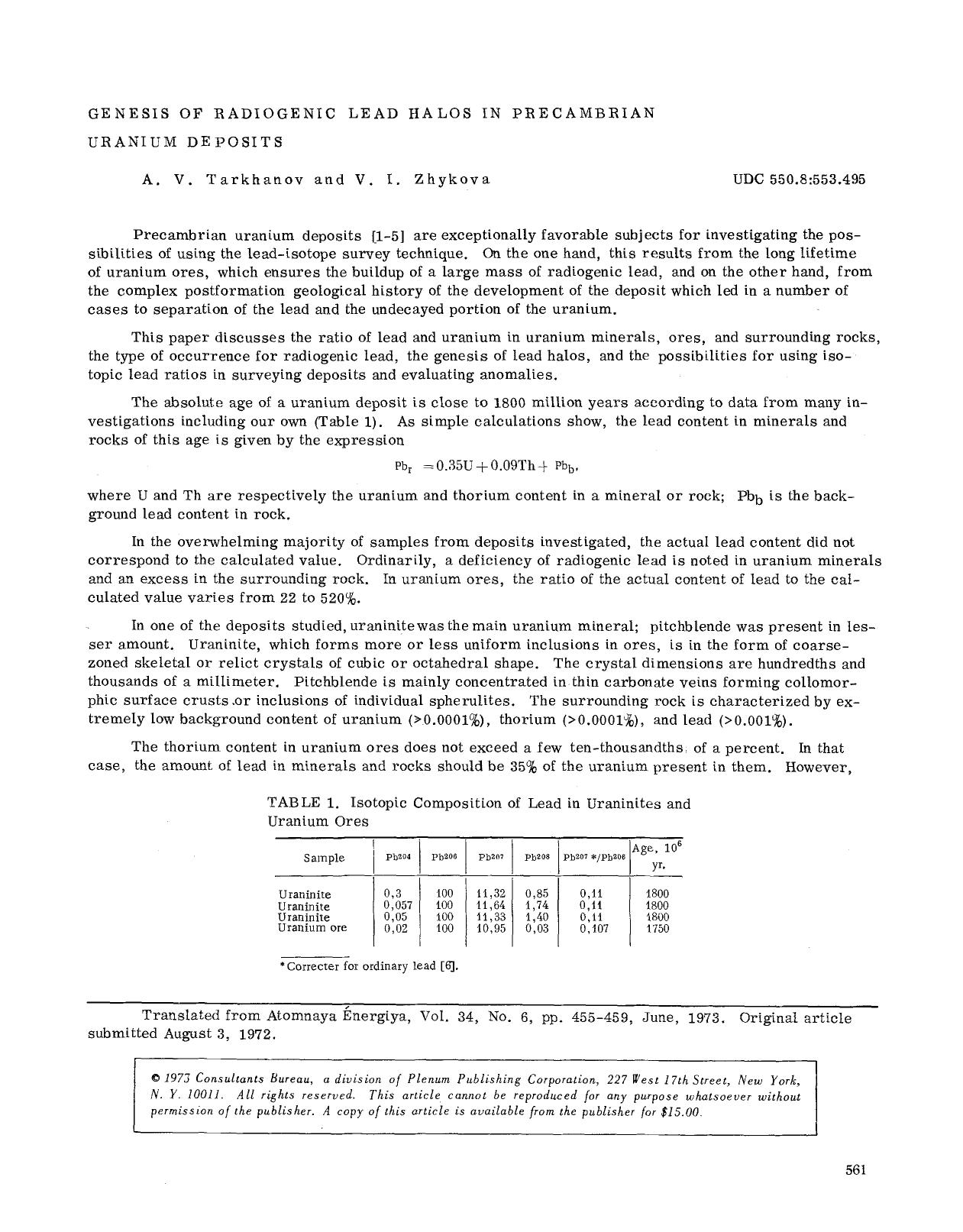 Genesis of radiogenic lead halos in precambrian uranium deposits by Unknown