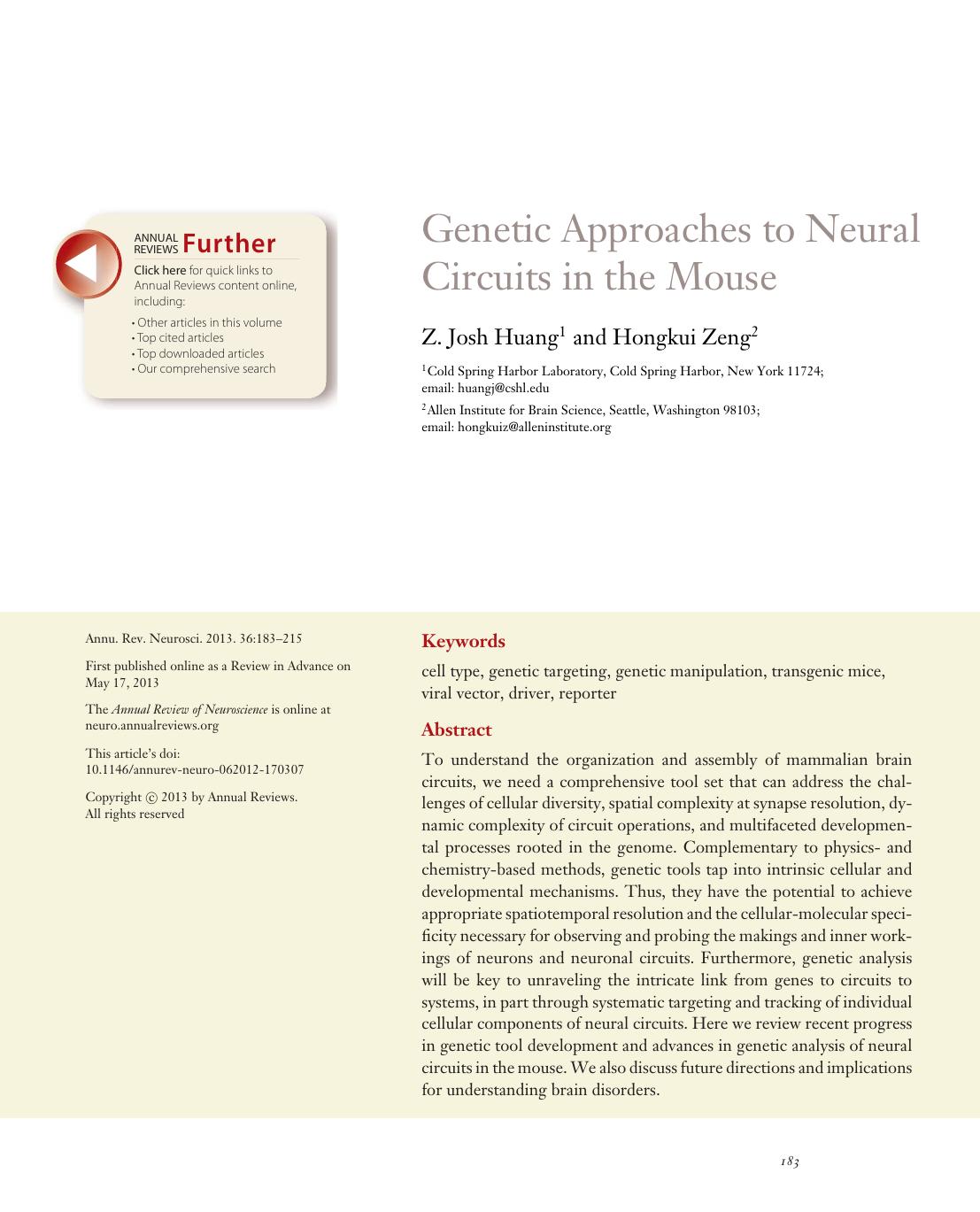 Genetic Approaches to Neural Circuits in the Mouse by Z. Josh Huang and Hongkui Zeng