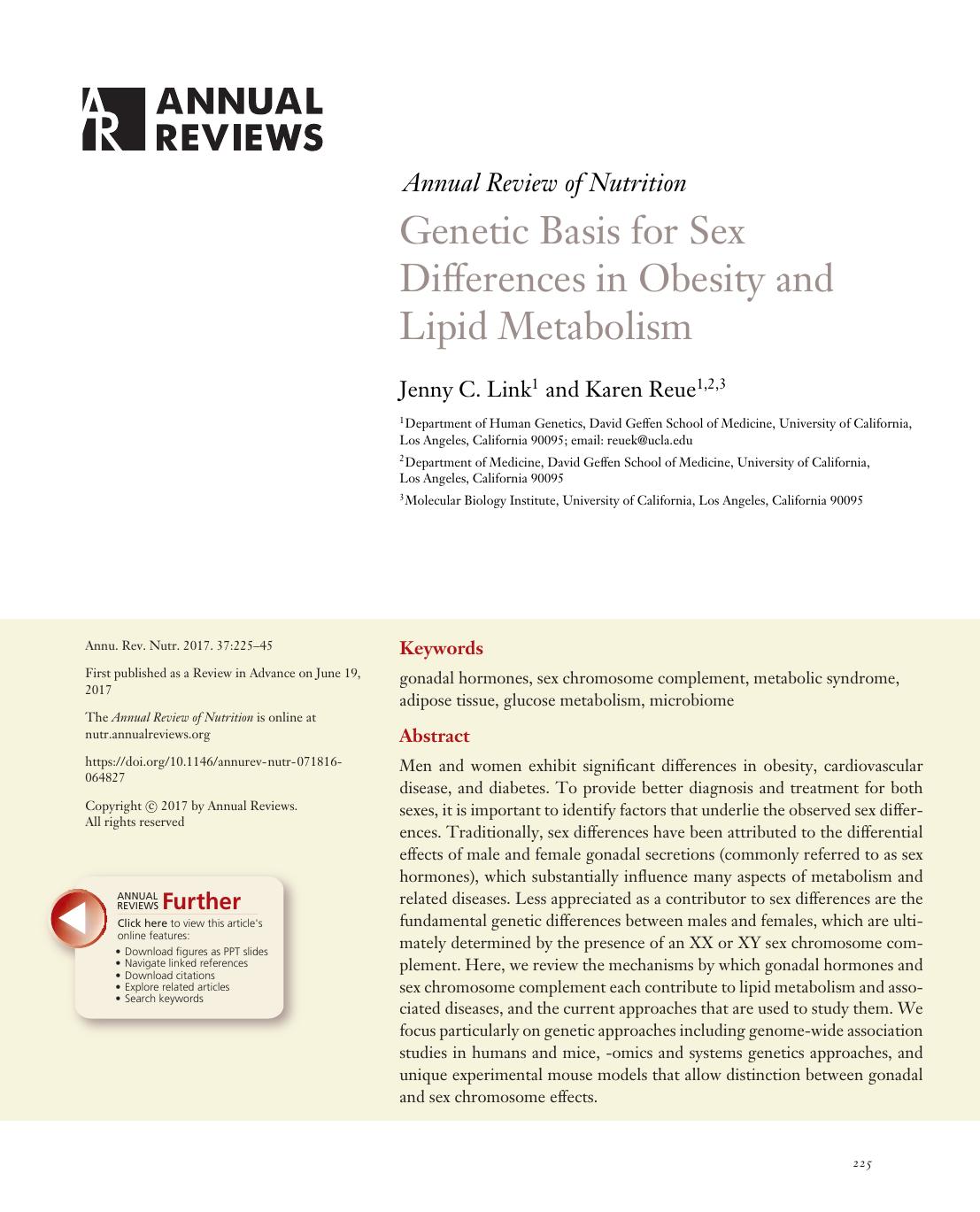 Genetic Basis for Sex Differences in Obesity and Lipid Metabolism by Jenny C. Link and Karen Reue