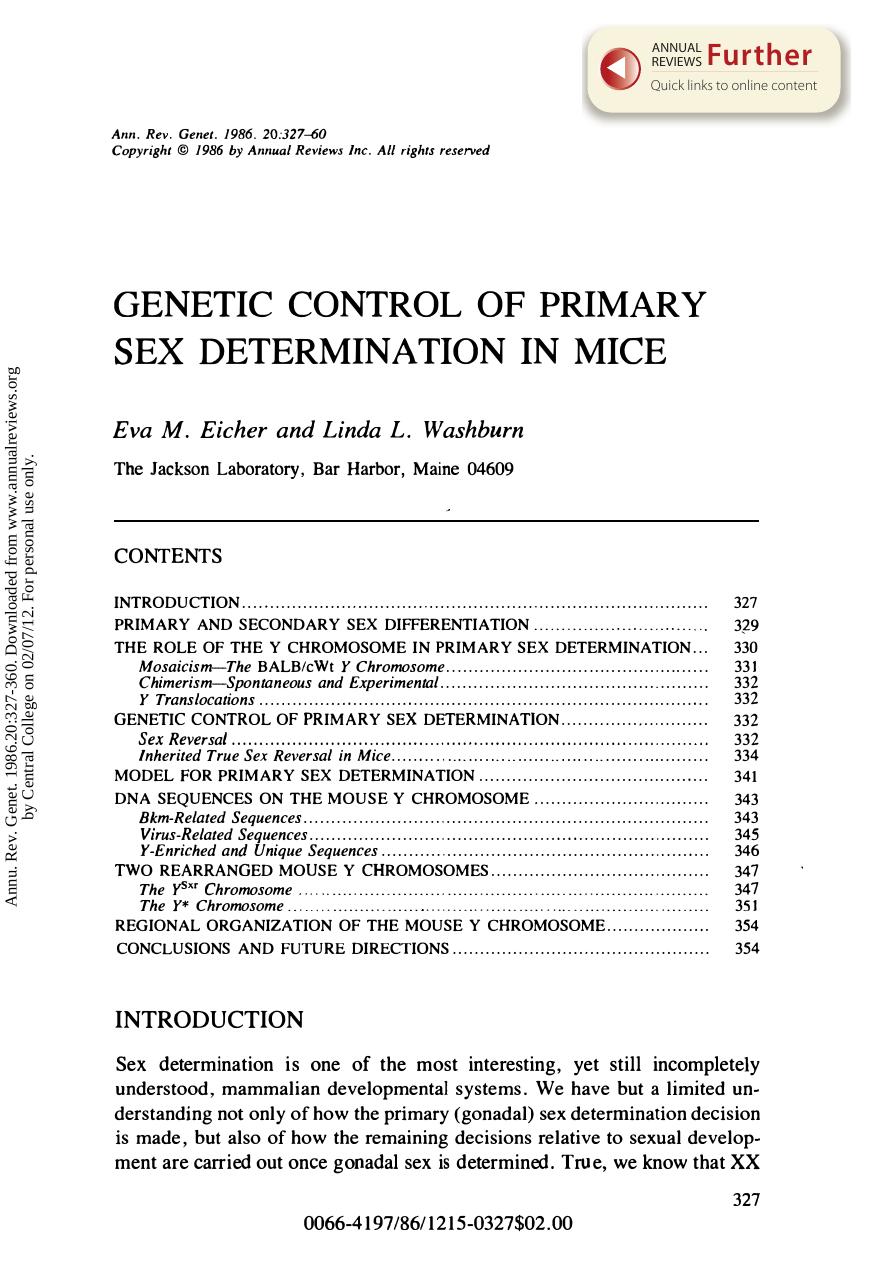 Genetic Control of Primary Sex Determination in Mice by E M Eicher & L L Washburn