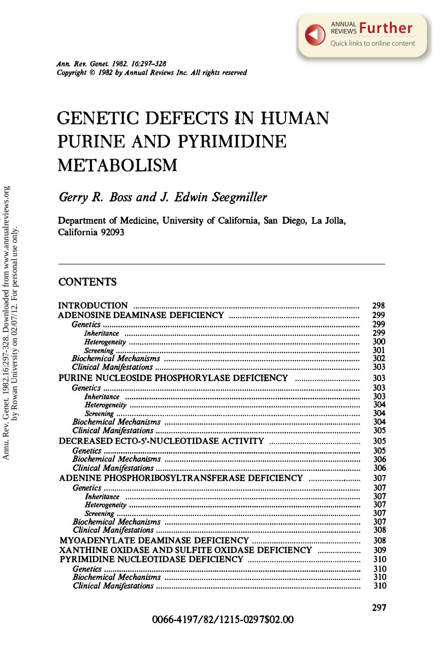 Genetic Defects in Human Purine and Pyrimidine Metabolism by G R Boss & J E Seegmiller