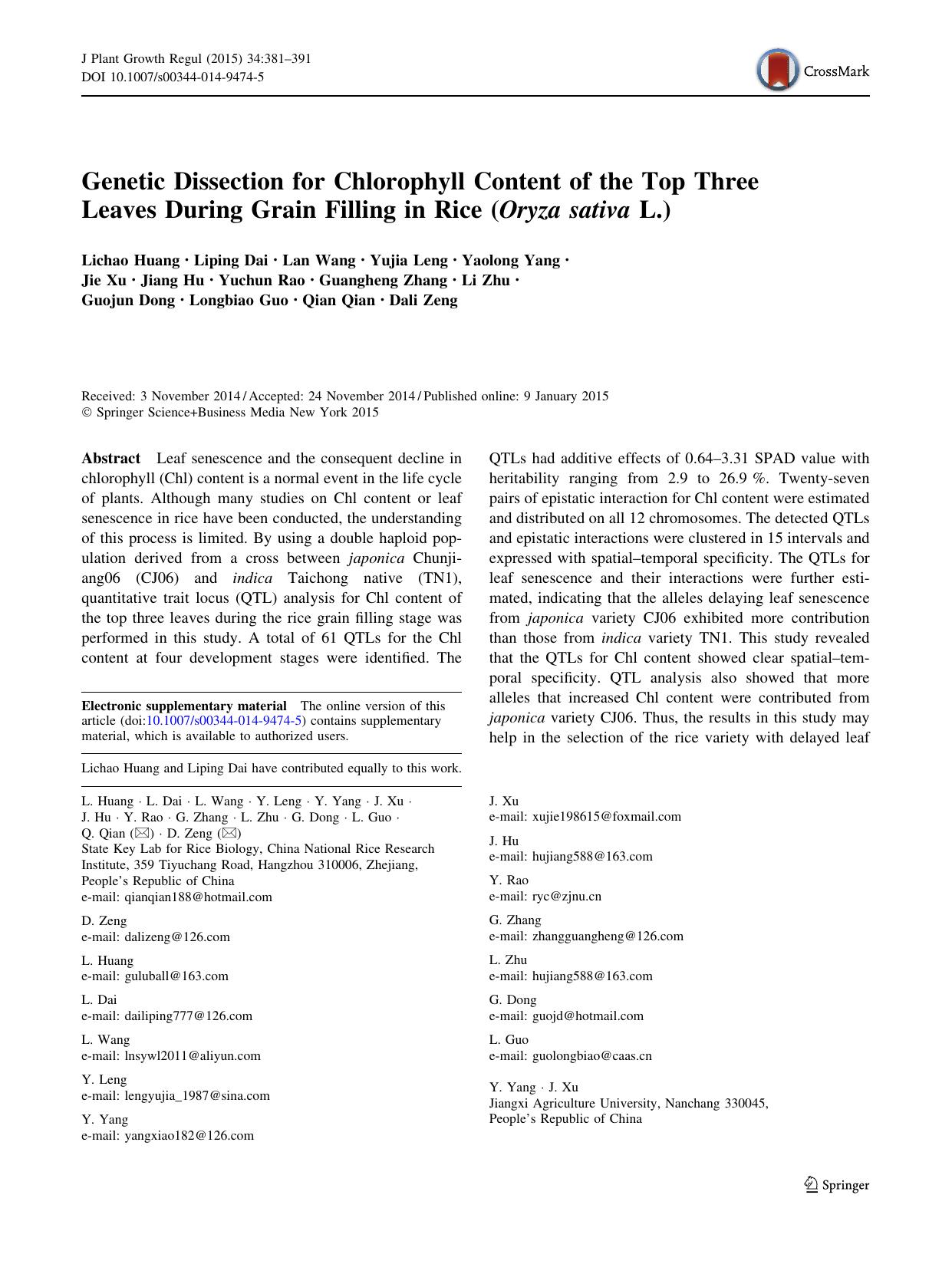 Genetic Dissection for Chlorophyll Content of the Top Three Leaves During Grain Filling in Rice (Oryza sativa L.) by unknow
