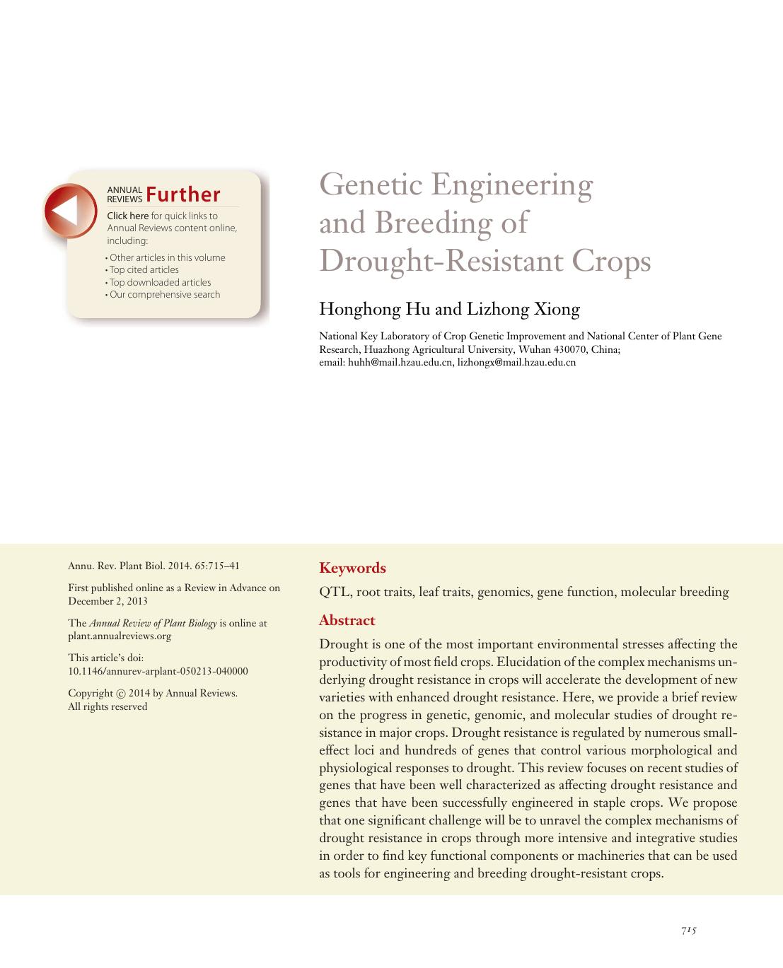 Genetic Engineering and Breeding of Drought-Resistant Crops by Honghong Hu and Lizhong Xiong