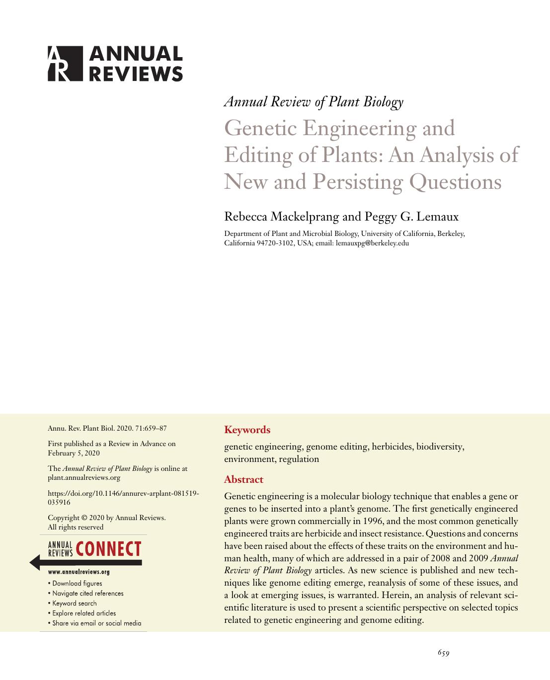 Genetic Engineering and Editing of Plants: An Analysis of New and Persisting Questions by Rebecca Mackelprang and Peggy G. Lemaux