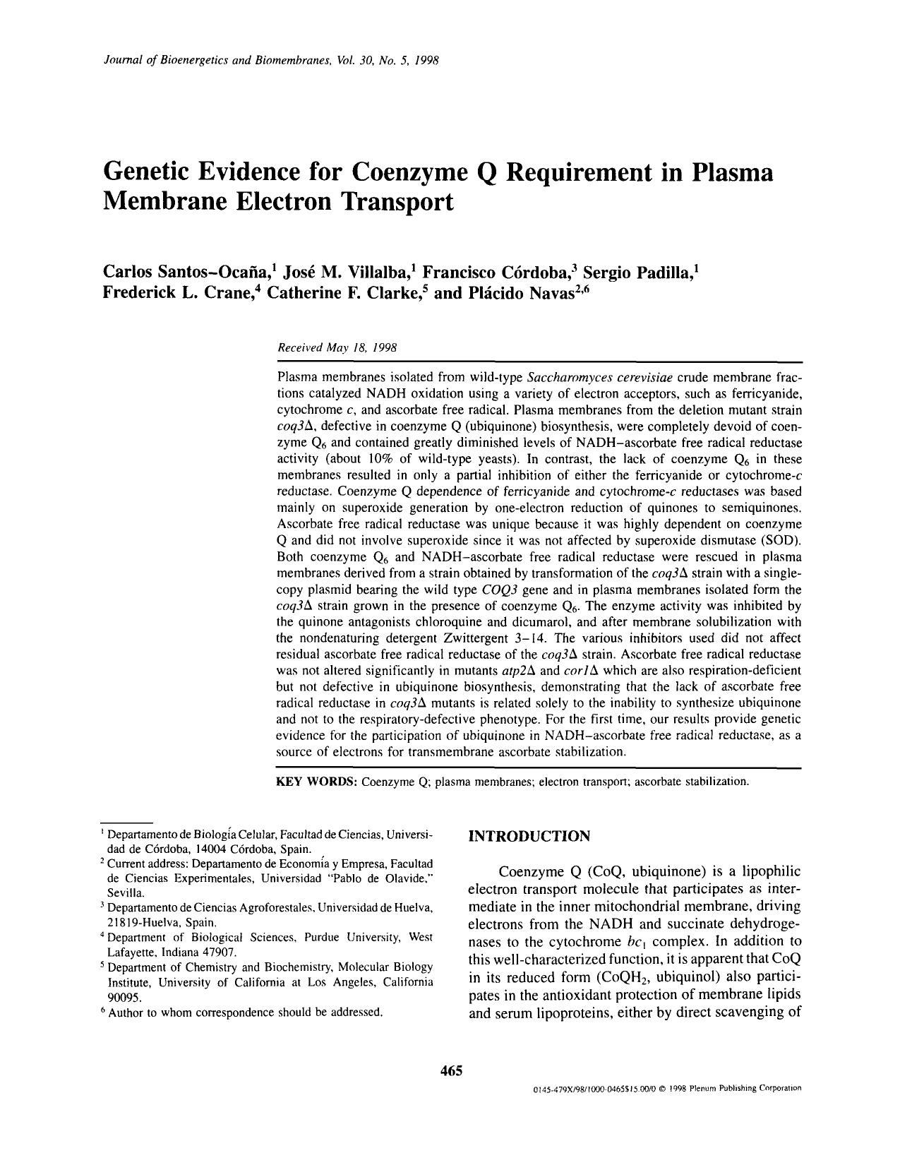 Genetic Evidence for Coenzyme Q Requirement in Plasma Membrane Electron Transport by Unknown