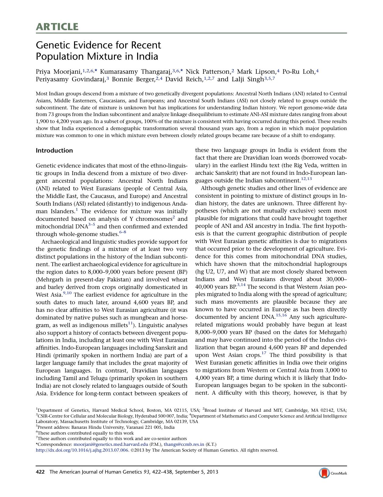 Genetic Evidence for Recent Population Mixture in India by unknow