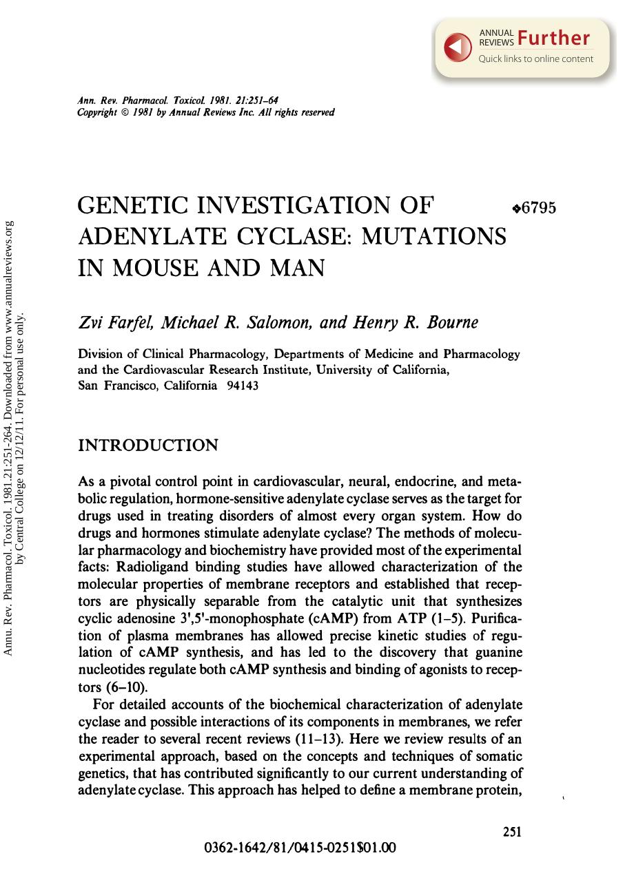 Genetic Investigation of Adenylate Cyclase: Mutations in Mouse and Man by Z Farfel M R Salomon & H R Bourne