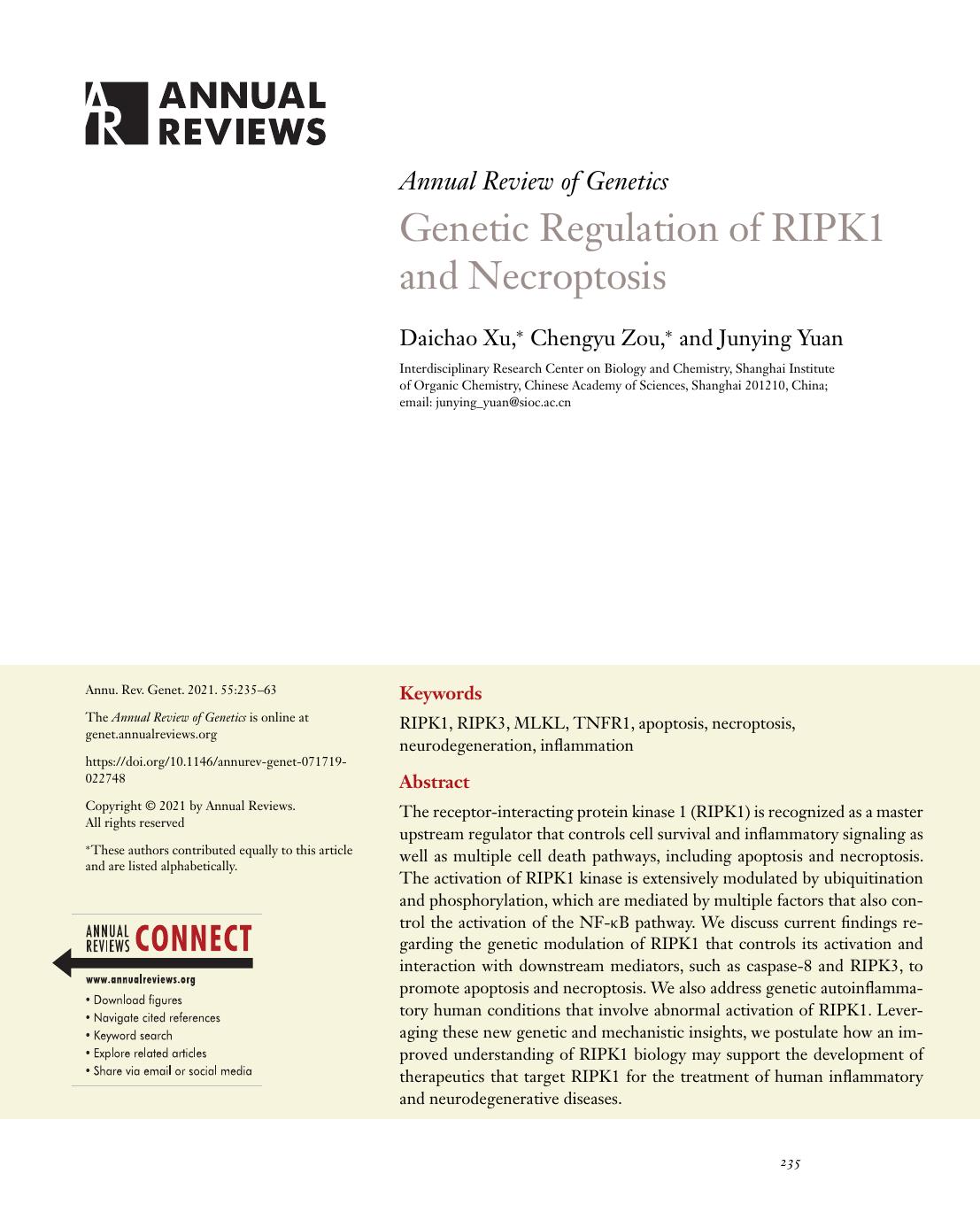 Genetic Regulation of RIPK1 and Necroptosis by Daichao Xu Chengyu Zou Junying Yuan
