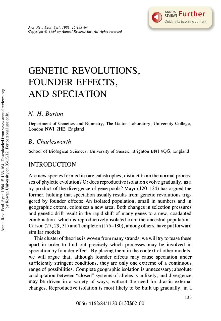 Genetic Revolutions, Founder Effects, and Speciation by N H Barton & and B Charlesworth