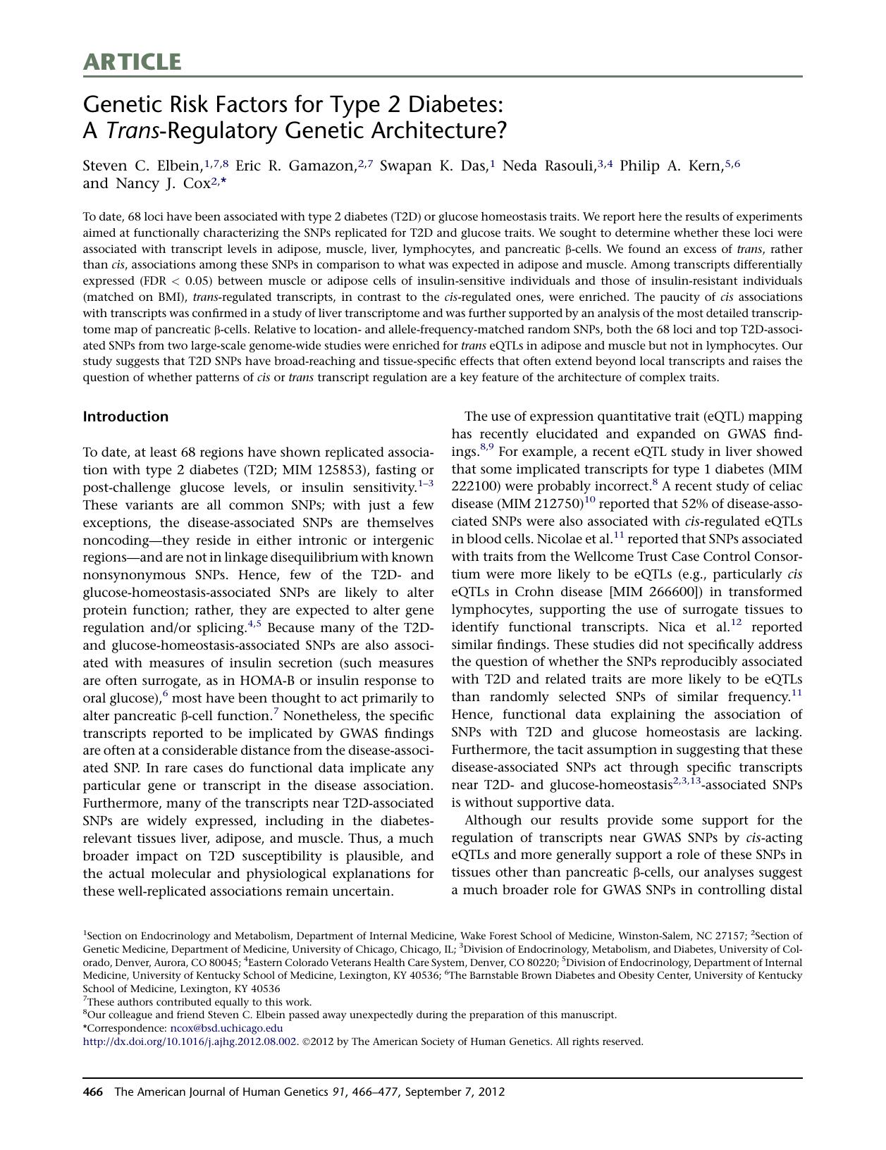Genetic Risk Factors for Type 2 Diabetes: A Trans-Regulatory Genetic Architecture? by unknow