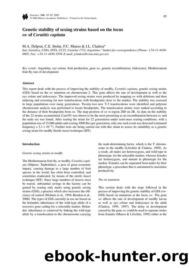 Genetic Stability of Sexing Strains Based on the Locus <Emphasis Type="Italic">sw<Emphasis>of <Emphasis Type="Italic">Ceratitis Capitata<Emphasis> by Unknown