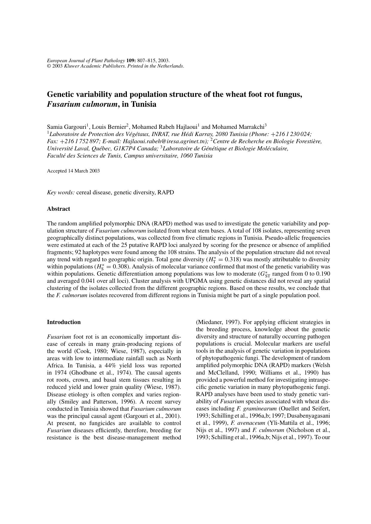 Genetic Variability and Population Structure of the Wheat Foot Rot Fungus, <Emphasis Type="Italic">Fusarium culmorum<Emphasis>, in Tunisia by Unknown