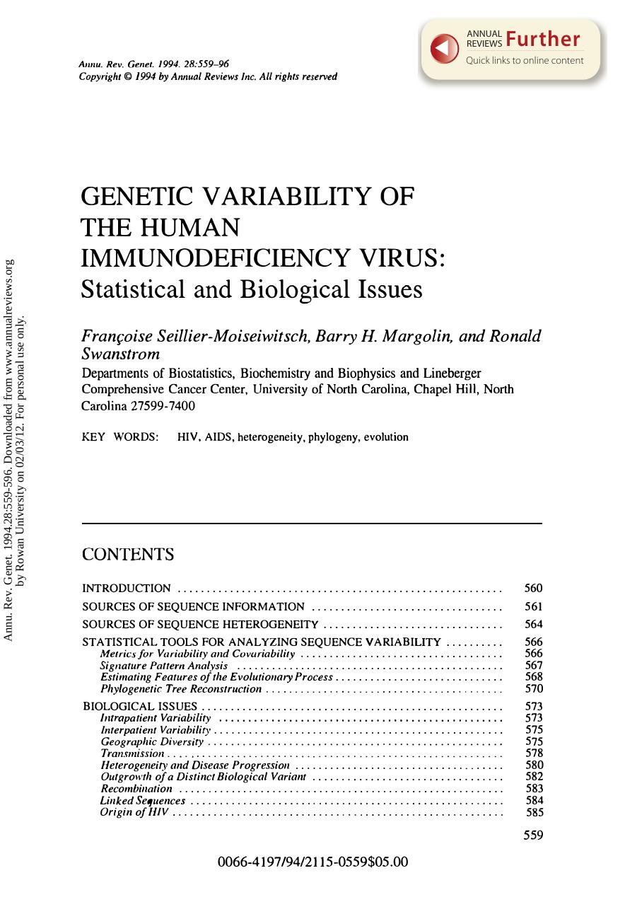 Genetic Variability of the Human Immunodeficiency Virus: Statistical and Biological Issues by F Seillier-Moiseiwitsch B H Margolin & R Swanstrom