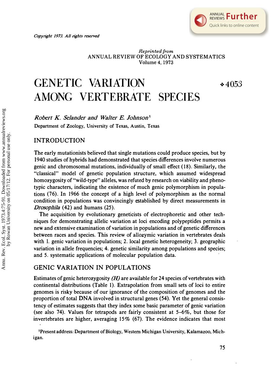 Genetic Variation Among Vertebrate Species by R K Selander & and W E Johnson