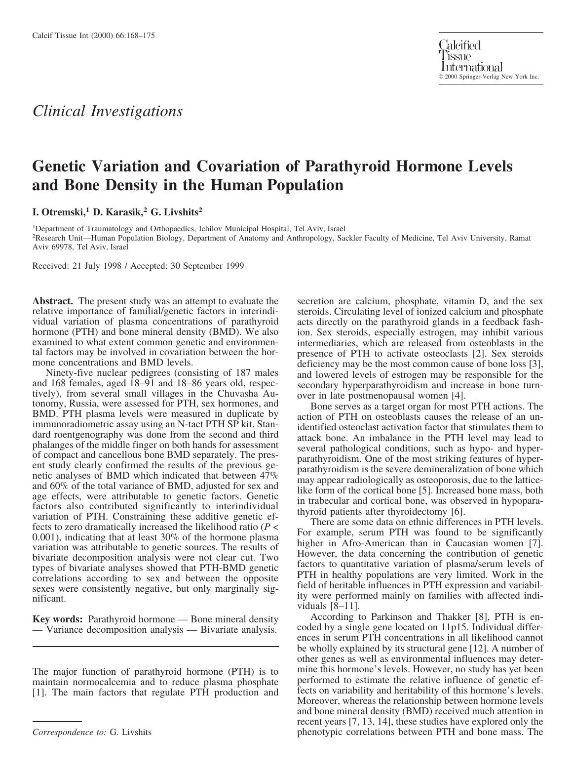 Genetic Variation and Covariation of Parathyroid Hormone Levels and Bone Density in the Human Population by Otremski I. et al