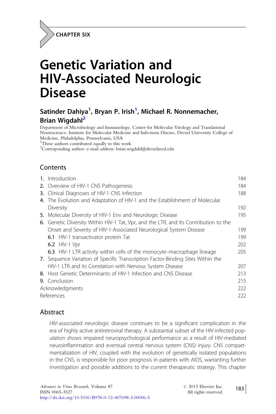 Genetic Variation and HIV-Associated Neurologic Disease by Satinder Dahiya & Bryan P. Irish & Michael R. Nonnemacher & Brian Wigdahl
