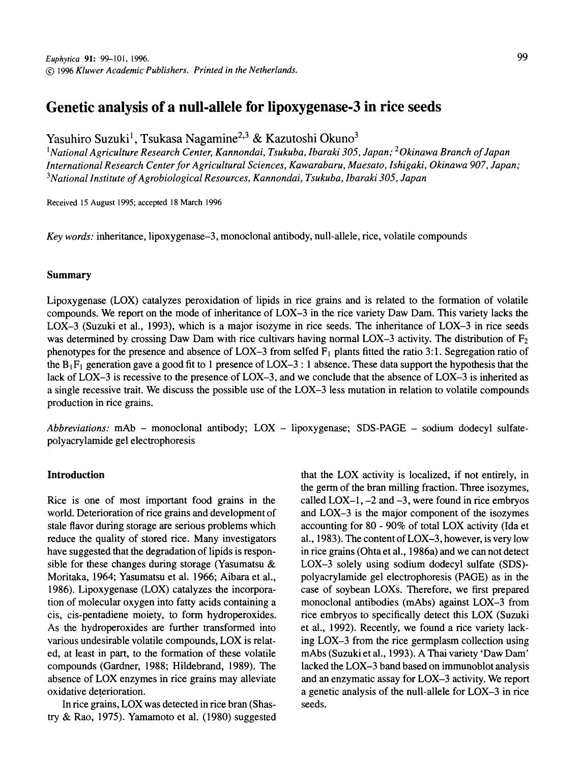 Genetic analysis of a null-allele for lipoxygenase-3 in rice seeds by Unknown