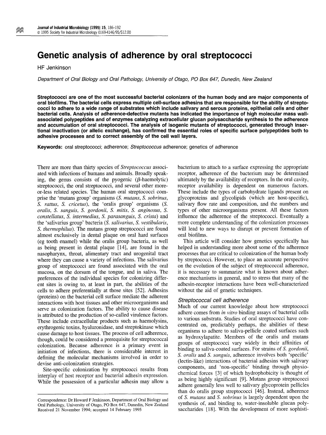 Genetic analysis of adherence by oral streptococci by Unknown
