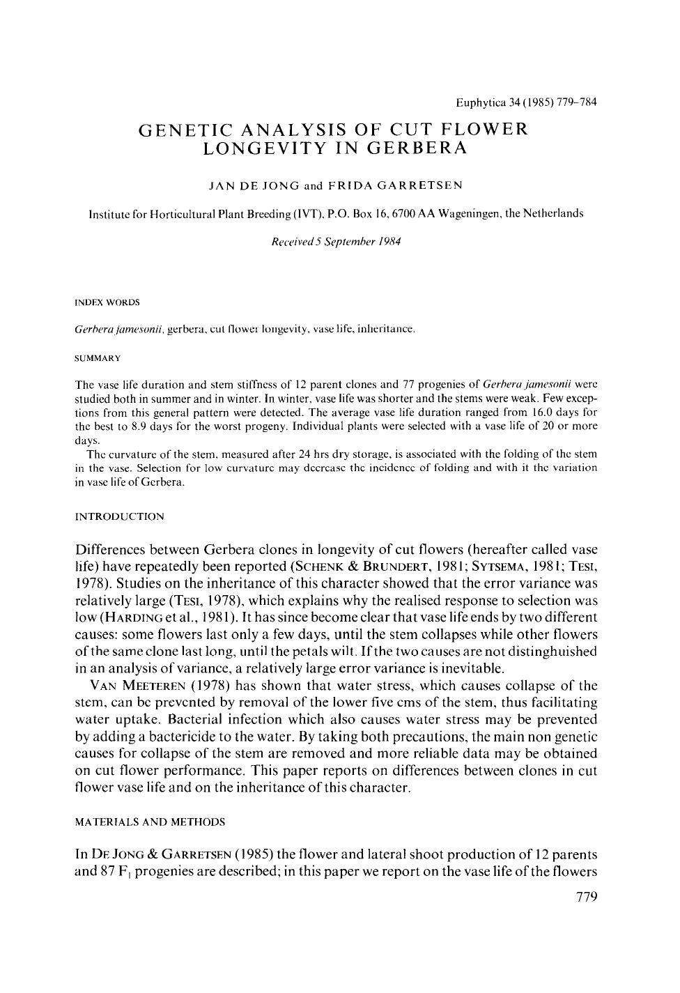 Genetic analysis of cut flower longevity in Gerbera by Unknown