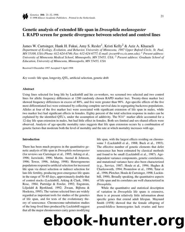 Genetic analysis of extended life span in Drosophila melanogaster I. RAPD screen for genetic divergence between selected and control lines by Unknown