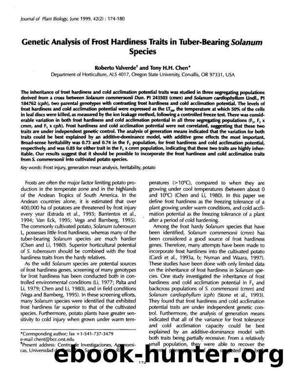 Genetic analysis of frost hardiness traits in tuber-bearing <Emphasis Type="Italic">Solanum <Emphasis> species by Unknown