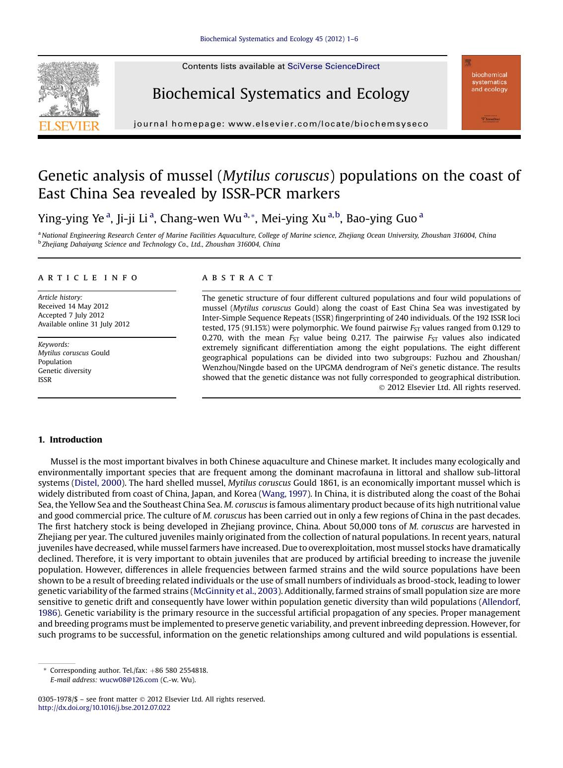 Genetic analysis of mussel (Mytilus coruscus) populations on the coast of East China Sea revealed by ISSR-PCR markers by Ying-ying Ye & Ji-ji Li & Chang-wen Wu & Mei-ying Xu & Bao-ying Guo