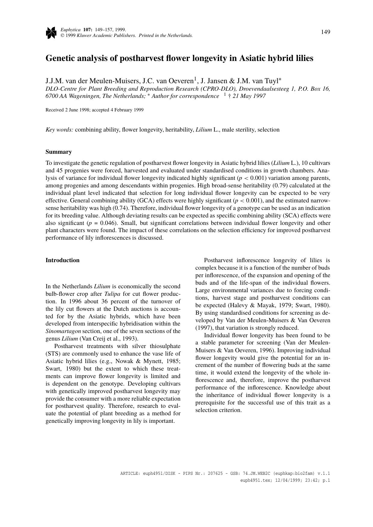 Genetic analysis of postharvest flower longevity in Asiatic hybrid lilies by Unknown