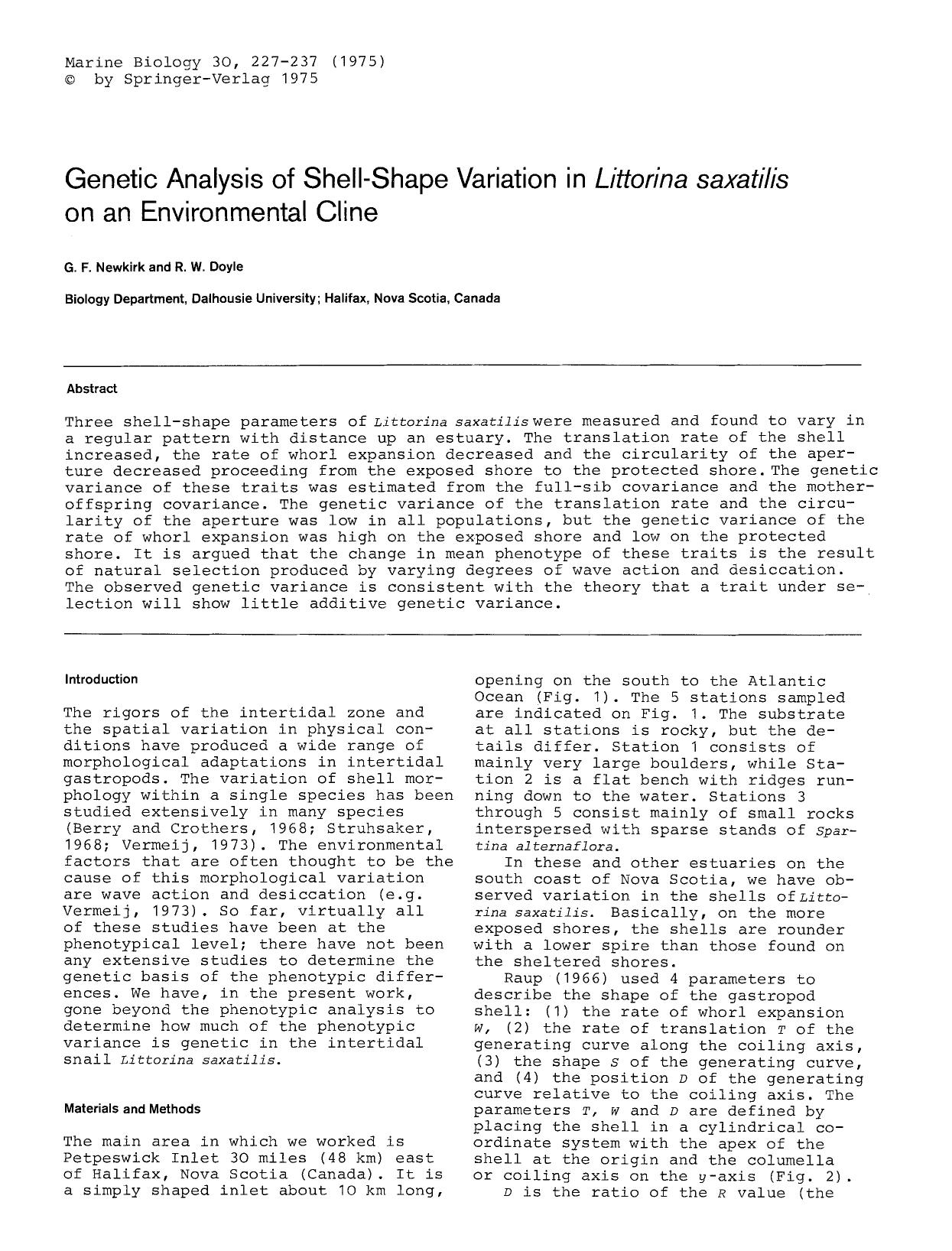 Genetic analysis of shell-shape variation in <Emphasis Type="Italic">Littorina saxatilis<Emphasis> on an environmental cline by Unknown