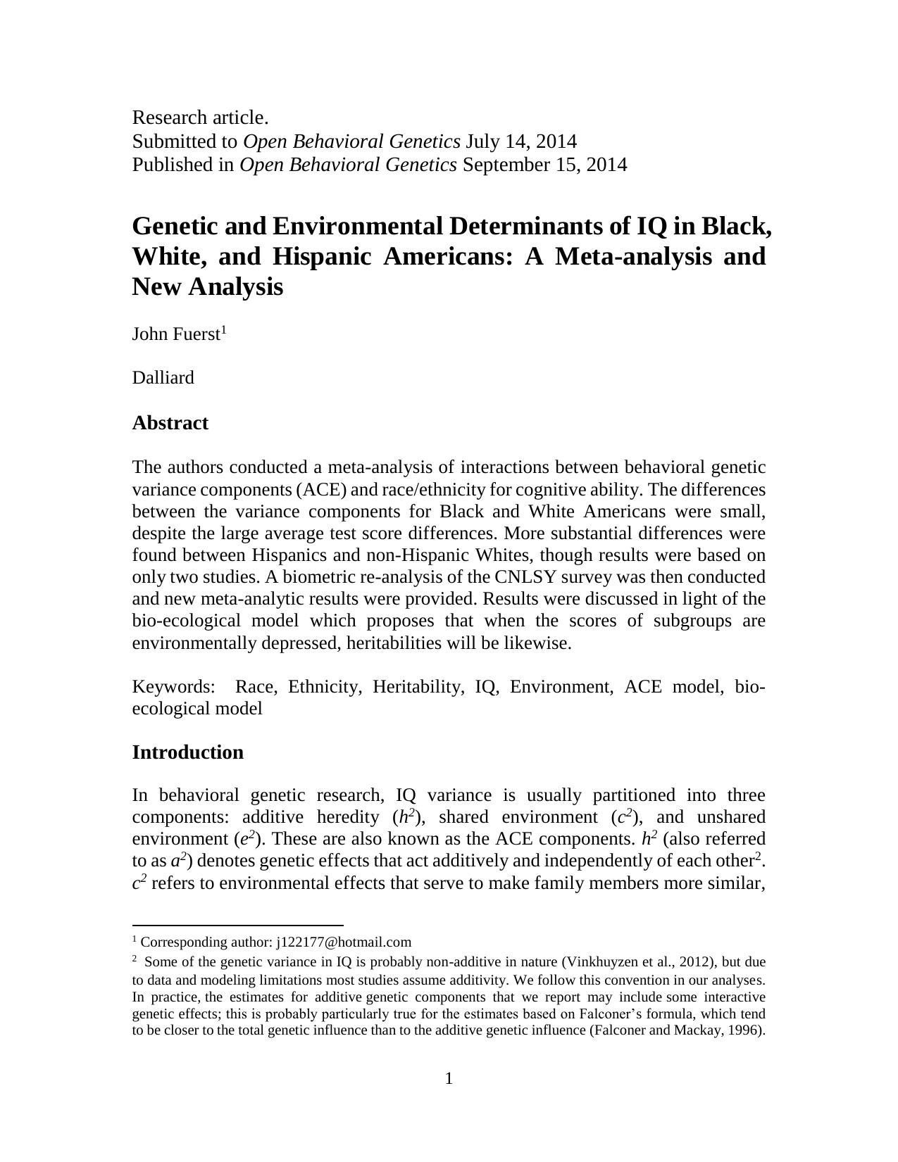 Genetic and Environmental Determinants of IQ in Black, White and Hispanic Americans by A Meta-analysis & New Analysis (2014) by John Fuerst & Dalliard