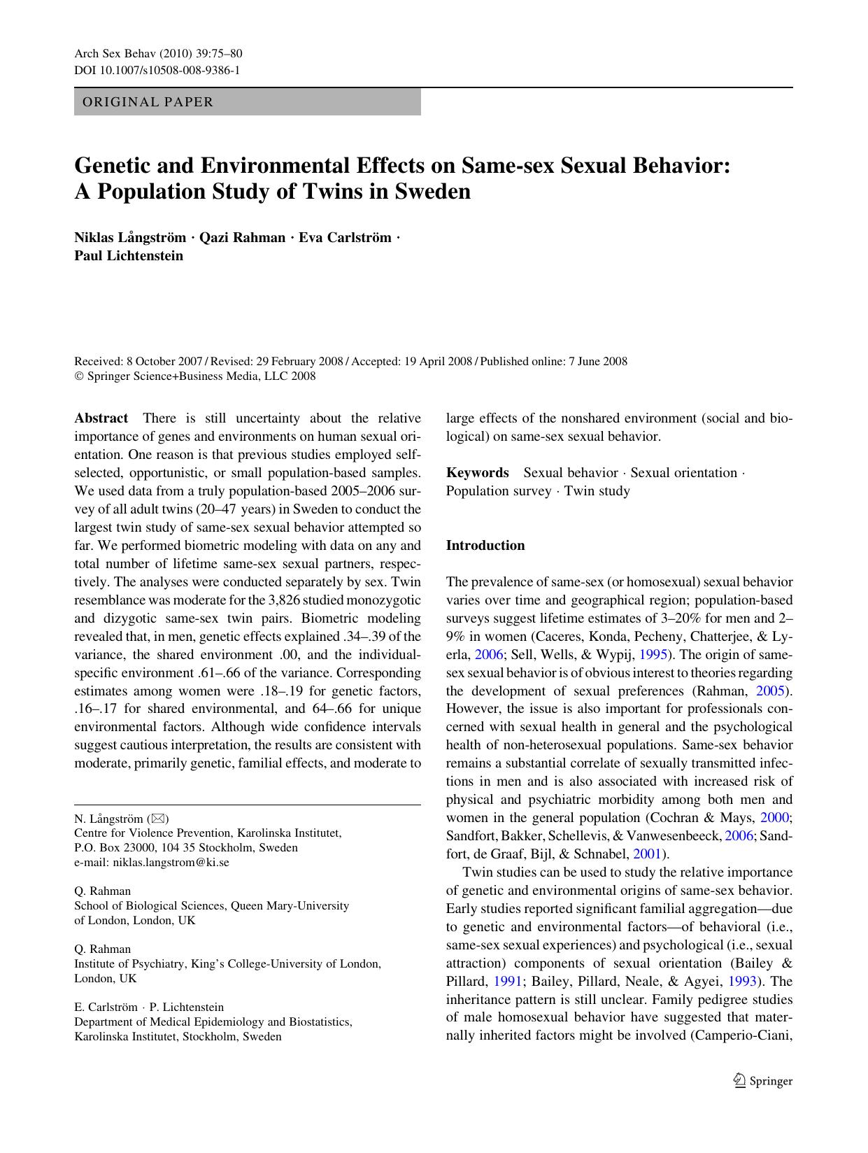 Genetic and Environmental Effects on Same-Sex Sexual Behavior by unknow