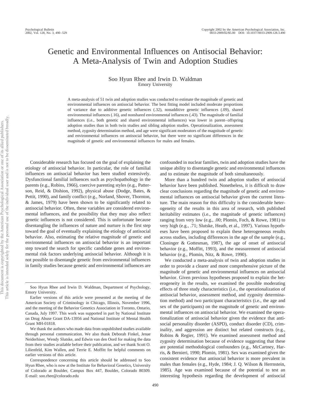Genetic and Environmental Influences on Antisocial Behavior by A Meta-Analysis of Twin & Adoption Studies (2002) by Soo Hyun Rhee & Irwin D. Waldman