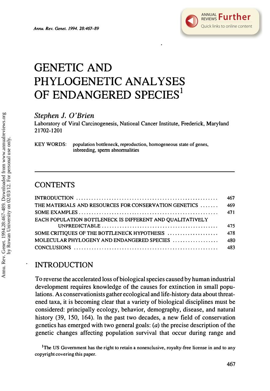 Genetic and Phylogenetic Analyses of Endangered Species by S J O'Brien