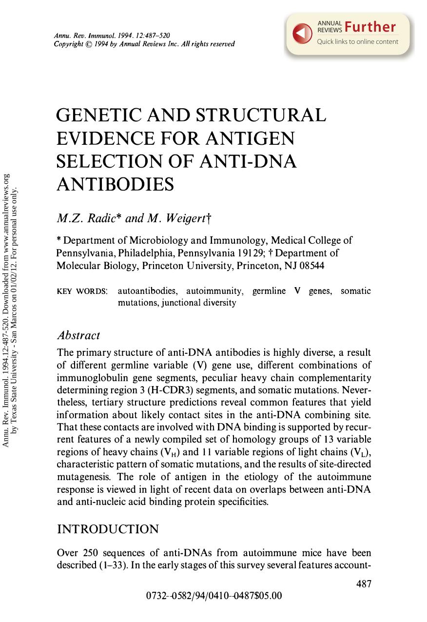 Genetic and Structural Evidence for Antigen Selection of Anti-DNA Antibodies by M Z Radic & M Weigert
