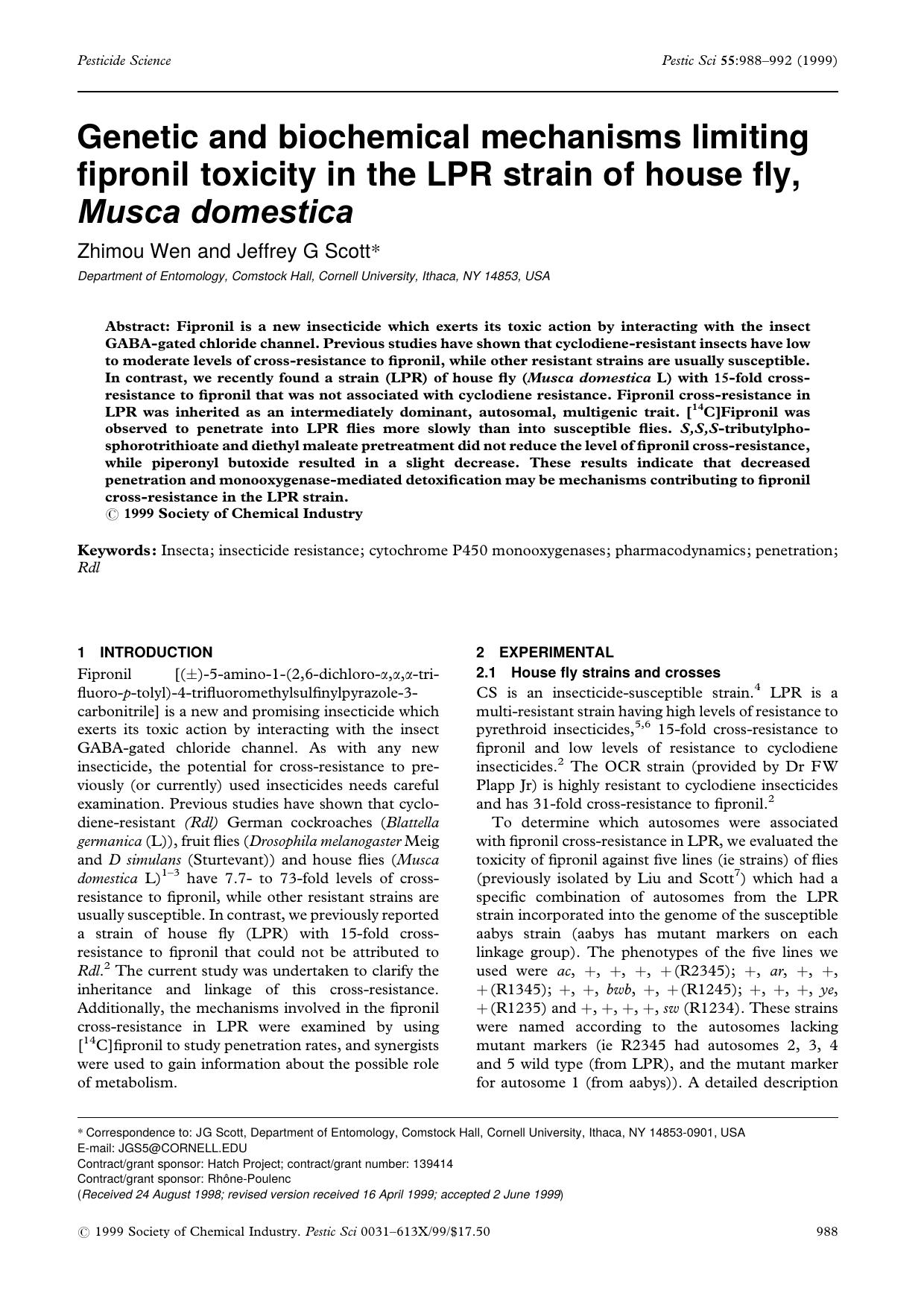 Genetic and biochemical mechanisms limiting fipronil toxicity in the LPR strain of house fly, Musca domestica by Unknown