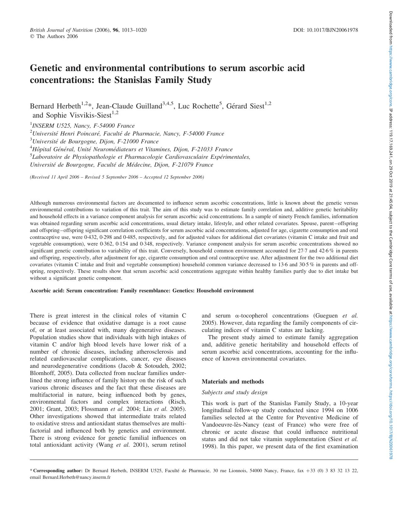 Genetic and environmental contributions to serum ascorbic acid concentrations: the Stanislas Family Study by Bernard Herbeth Jean-Claude Guilland Luc Rochette Gérard Siest Sophie Visvikis-Siest