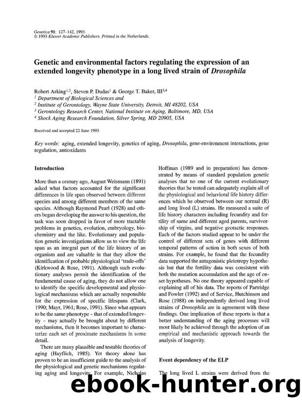 Genetic and environmental factors regulating the expression of an extended longevity phenotype in a long lived strain of <Emphasis Type="Italic">Drosophila <Emphasis> by Unknown