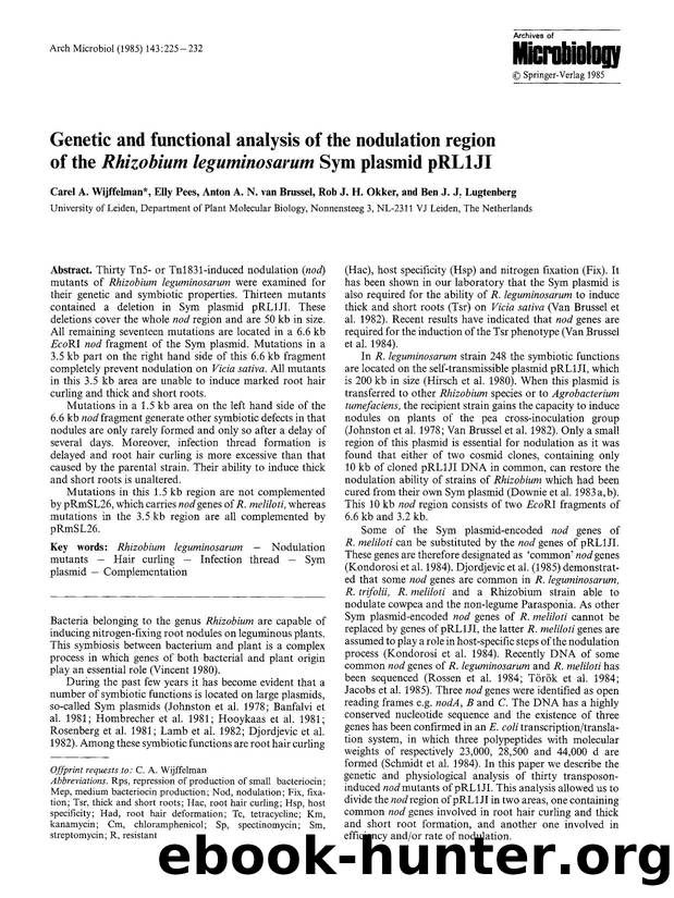 Genetic and functional analysis of the nodulation region of the <Emphasis Type="Italic">Rhizobium leguminosarum<Emphasis> Sym plasmid pRL1JI by Unknown