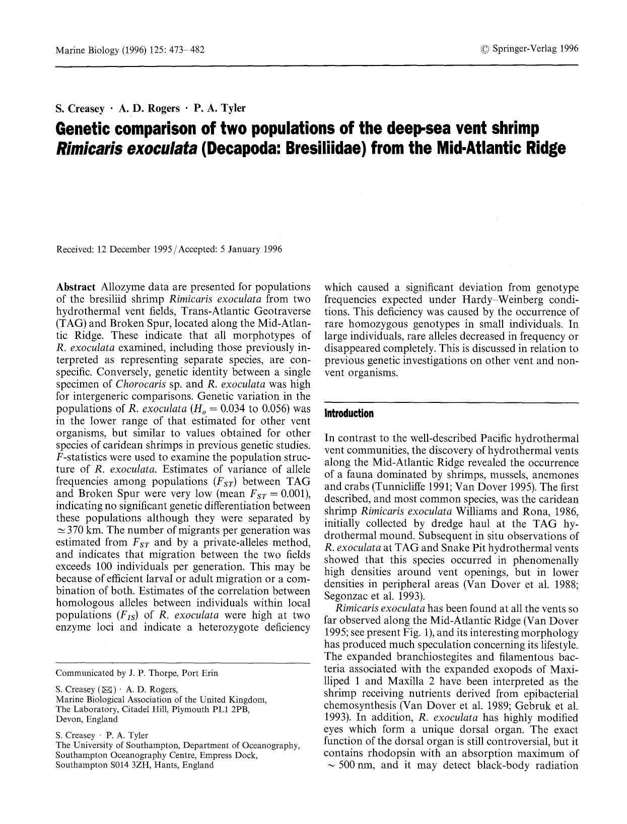 Genetic comparison of two populations of the deep-sea vent shrimp <Emphasis Type="Italic">Rimicaris exoculata<Emphasis> (Decapoda: Bresiliidae) from the Mid-Atlantic Ridge by Unknown