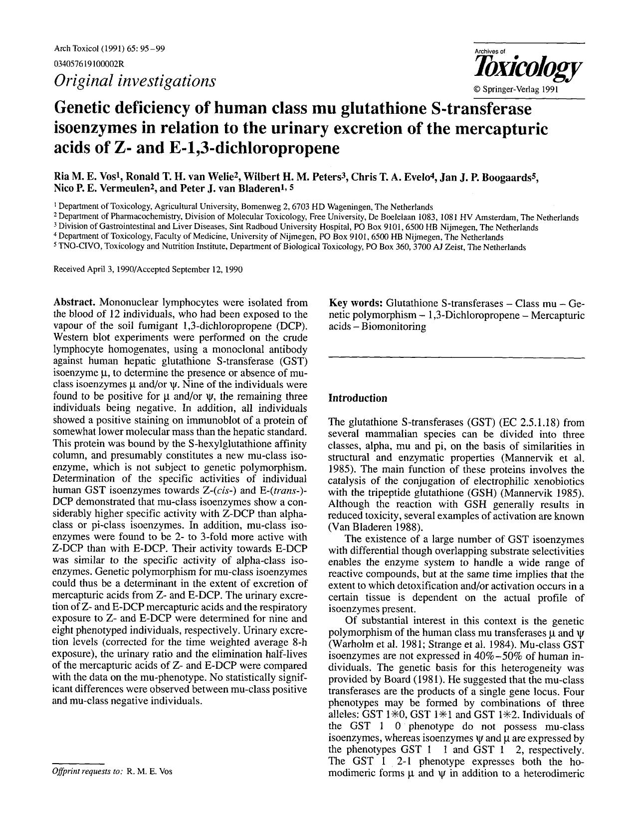 Genetic deficiency of human class mu glutathione S-transferase isoenzymes in relation to the urinary excretion of the mercapturic acids of Z- and E-1,3-dichloropropene by Unknown