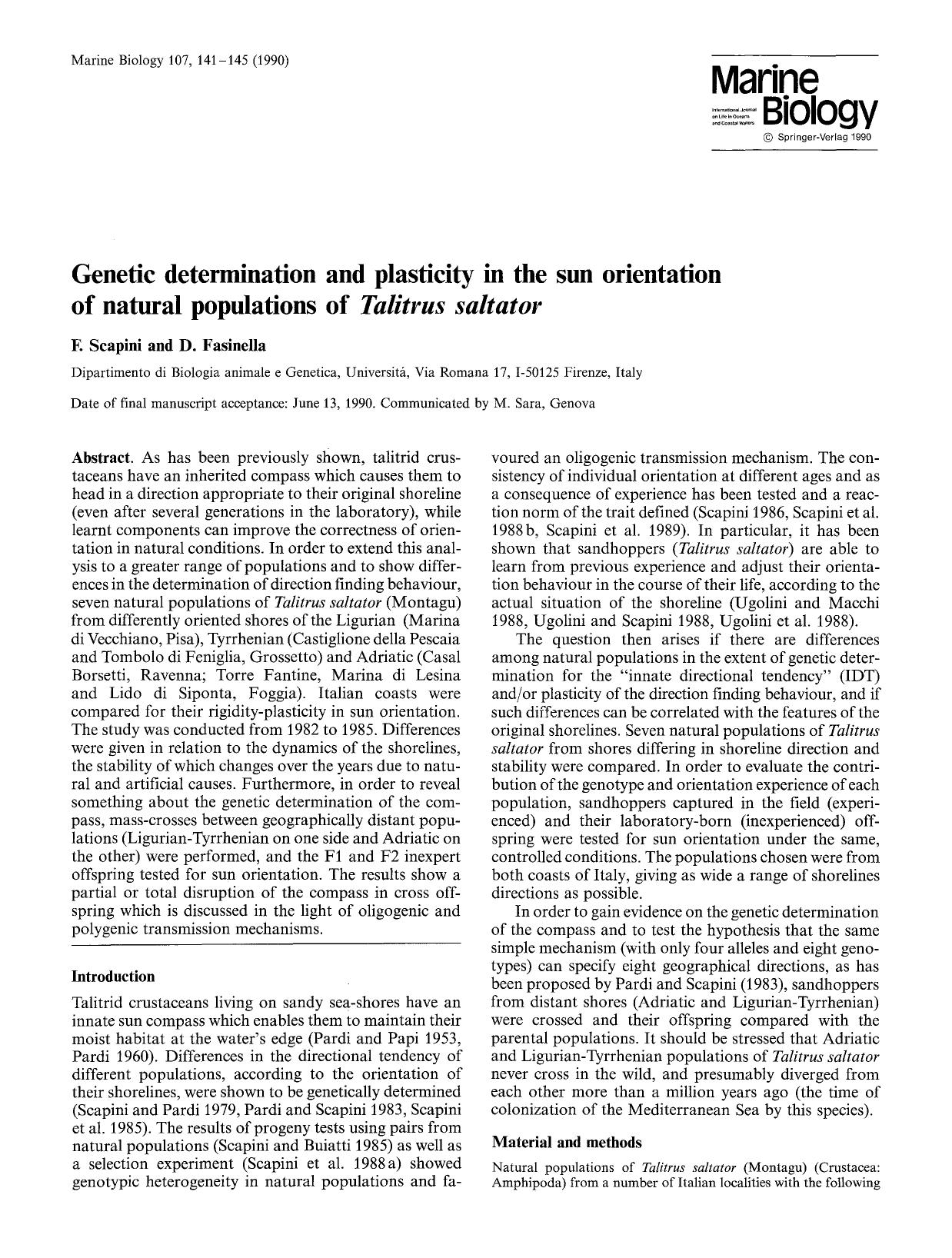 Genetic determination and plasticity in the sun orientation of natural populations of <Emphasis Type="Italic">Talitrus saltator <Emphasis> by Unknown