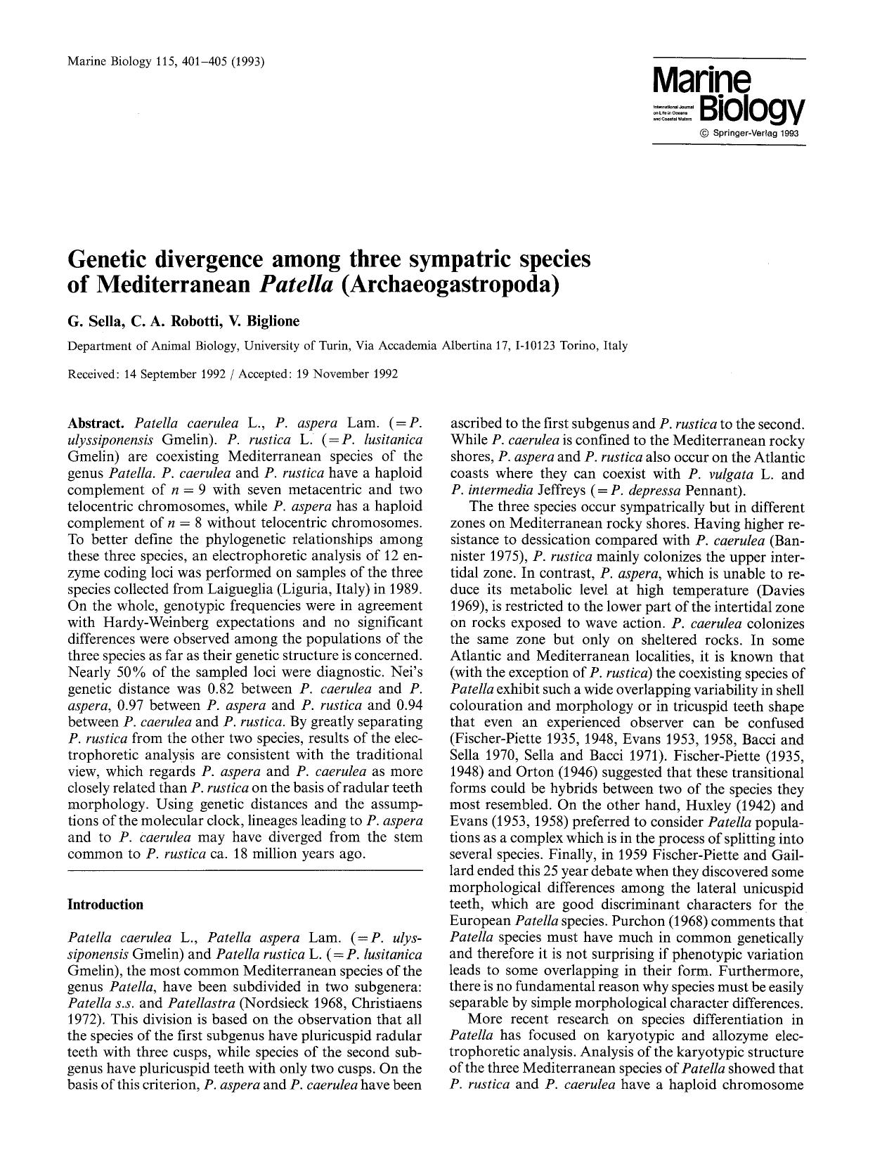 Genetic divergence among three sympatric species of Mediterranean <Emphasis Type="Italic">Patella<Emphasis> (Archaeogastropoda) by Unknown