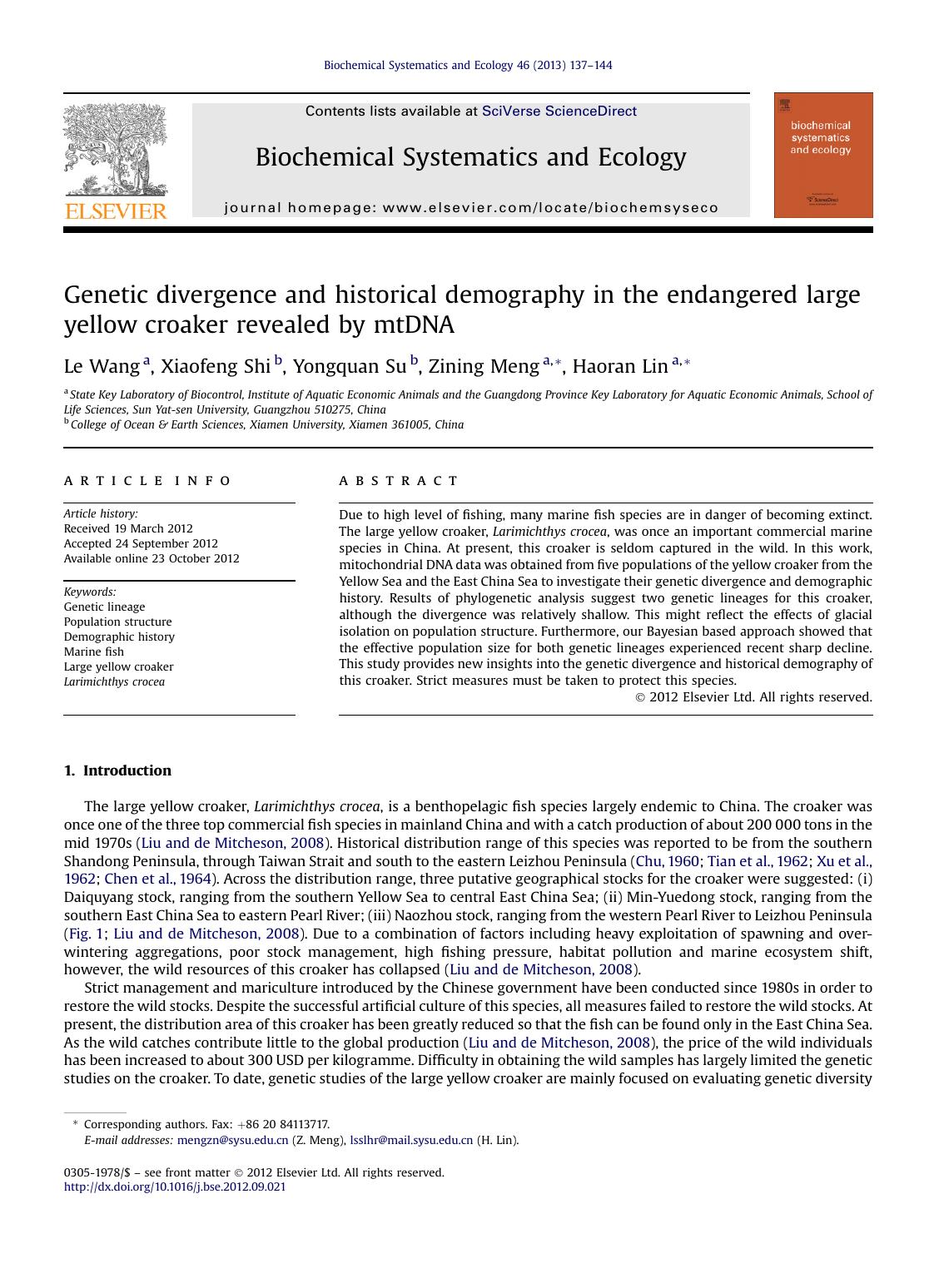 Genetic divergence and historical demography in the endangered large yellow croaker revealed by mtDNA by Le Wang & Xiaofeng Shi & Yongquan Su & Zining Meng & Haoran Lin