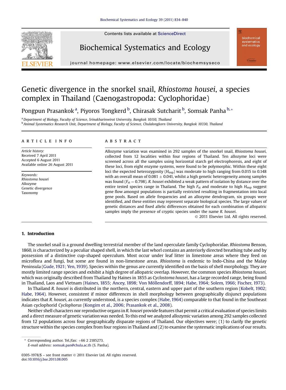Genetic divergence in the snorkel snail, Rhiostoma housei, a species complex in Thailand (Caenogastropoda: Cyclophoridae) by Pongpun Prasankok & Piyoros Tongkerd & Chirasak Sutcharit & Somsak Panha