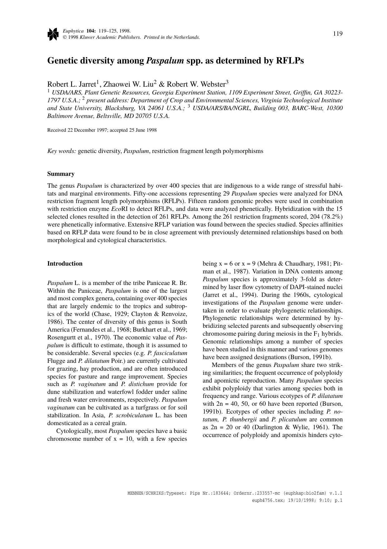 Genetic diversity among Paspalum spp. as determined by RFLPs by Unknown