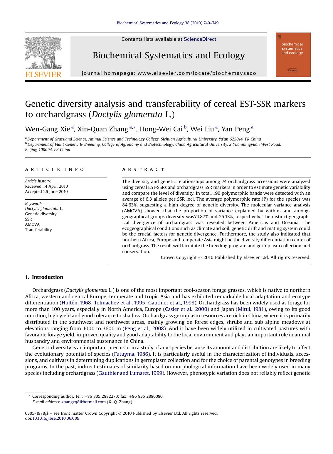 Genetic diversity analysis and transferability of cereal EST-SSR markers to orchardgrass (Dactylis glomerata L.) by Wen-Gang Xie & Xin-Quan Zhang & Hong-Wei Cai & Wei Liu & Yan Peng